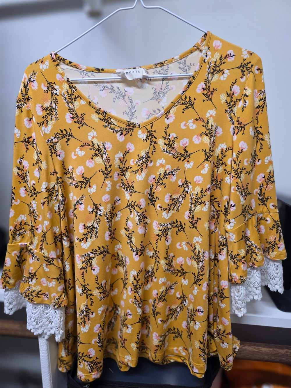 Mustard Floral Lace-Trim Women's Top